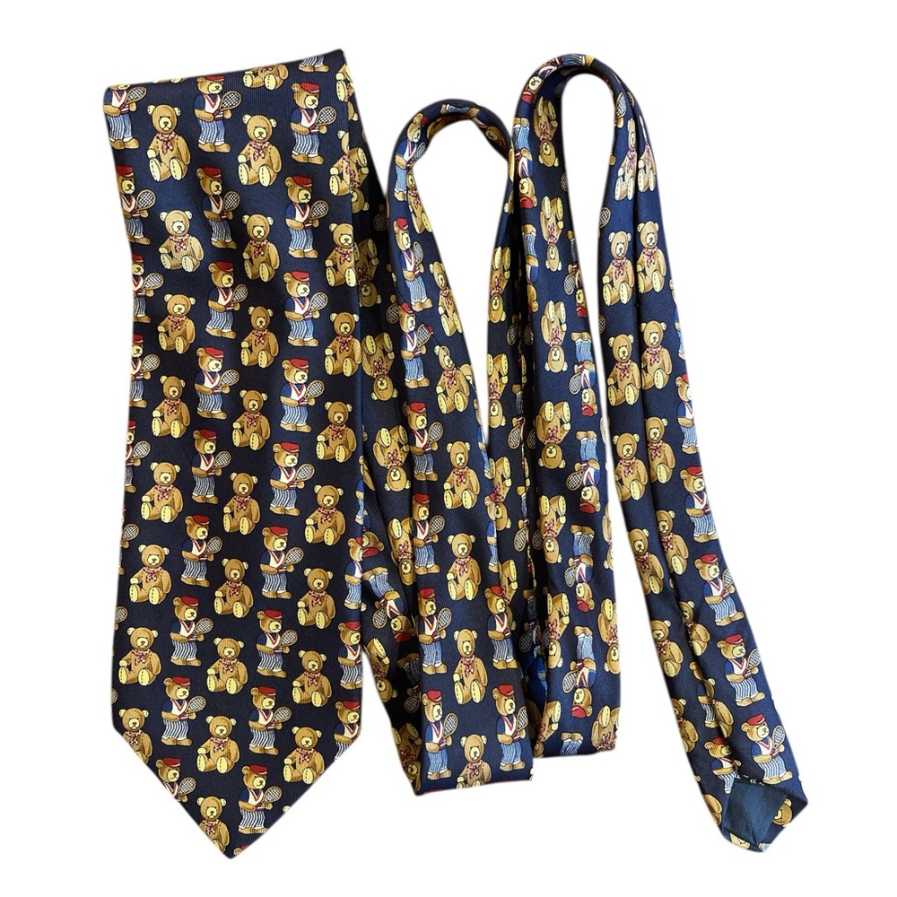 English Teddy Bear Co Silk Tie • Tennis Bear Novelty Print • 3.75” x 65”